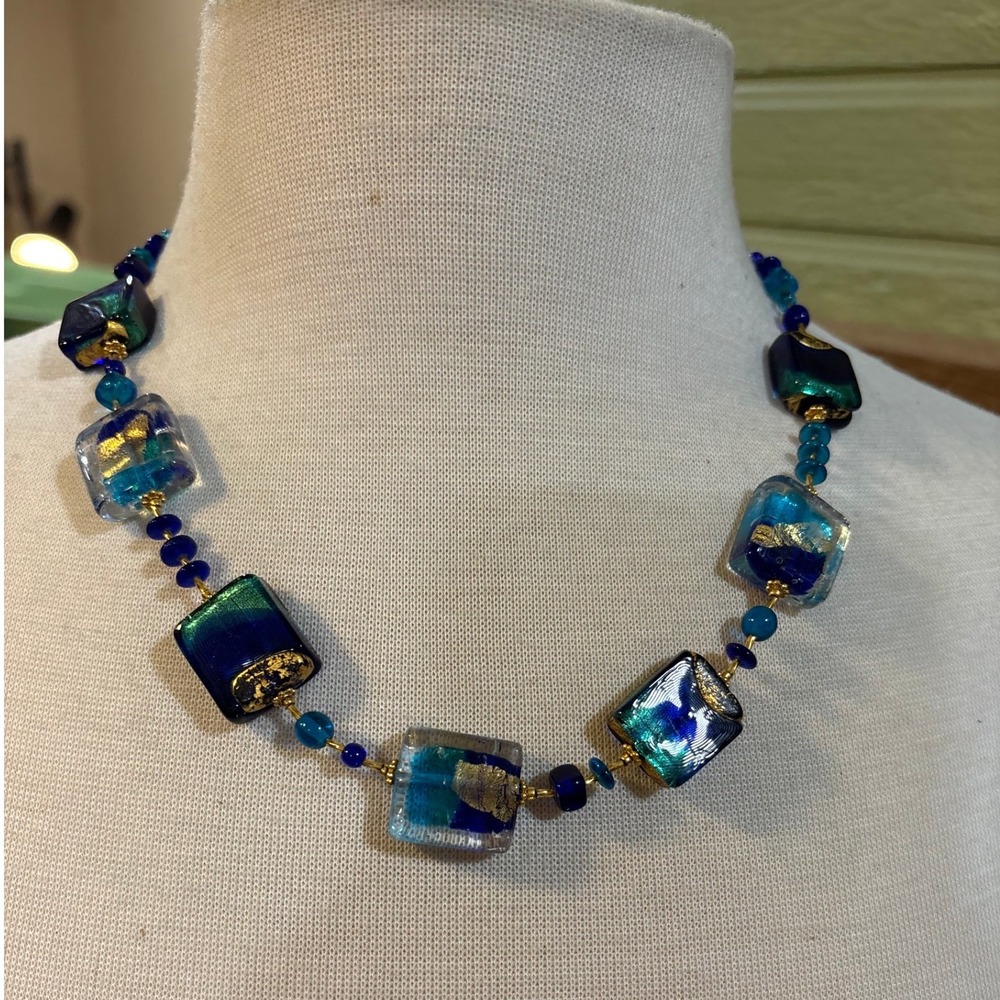 Murano Style Lampwork Glass Square Bead Necklace Blue Green Gold Foil